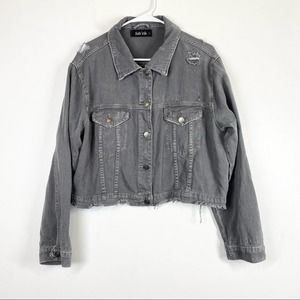 FABRIK Cropped Distressed Gray Denim Jean Jacket Button Front Boutique Brand L